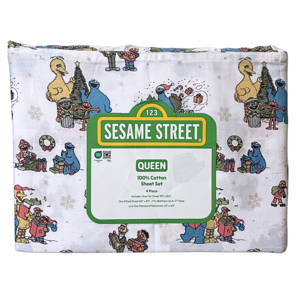 NEW Christmas Sesame Street Characters QUEEN Sheet Set - 4 Piece
